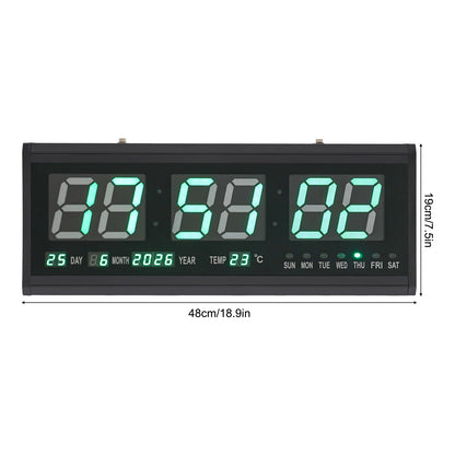 220 V große LED-Digital-Wanduhr, Zeit, Temperatur, Datum, Woche, Anzeige, automatischer Dimmer, leuchtende, leise Tischuhr, Wanduhr, 48 x 19 cm