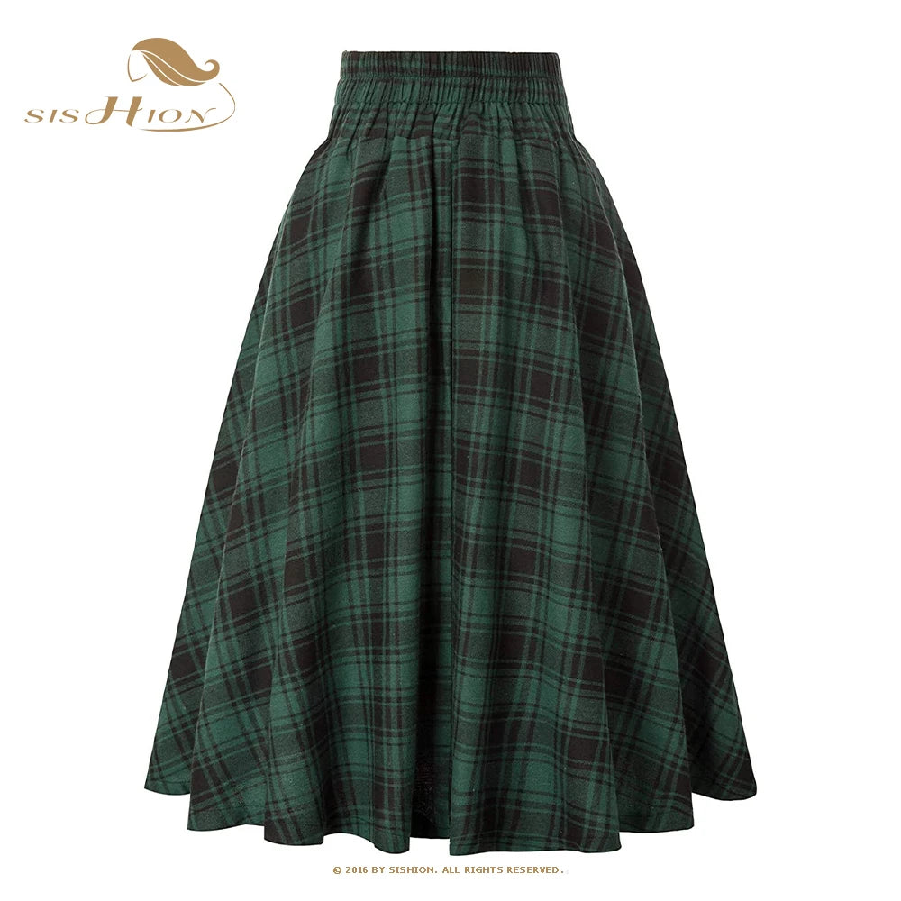 SISHION 2025 Autumn New A Line Swing Buttons Long Midi Vintage Skirt SS0037 Red Green High Waist Plaid Skirts for Women Jupe.