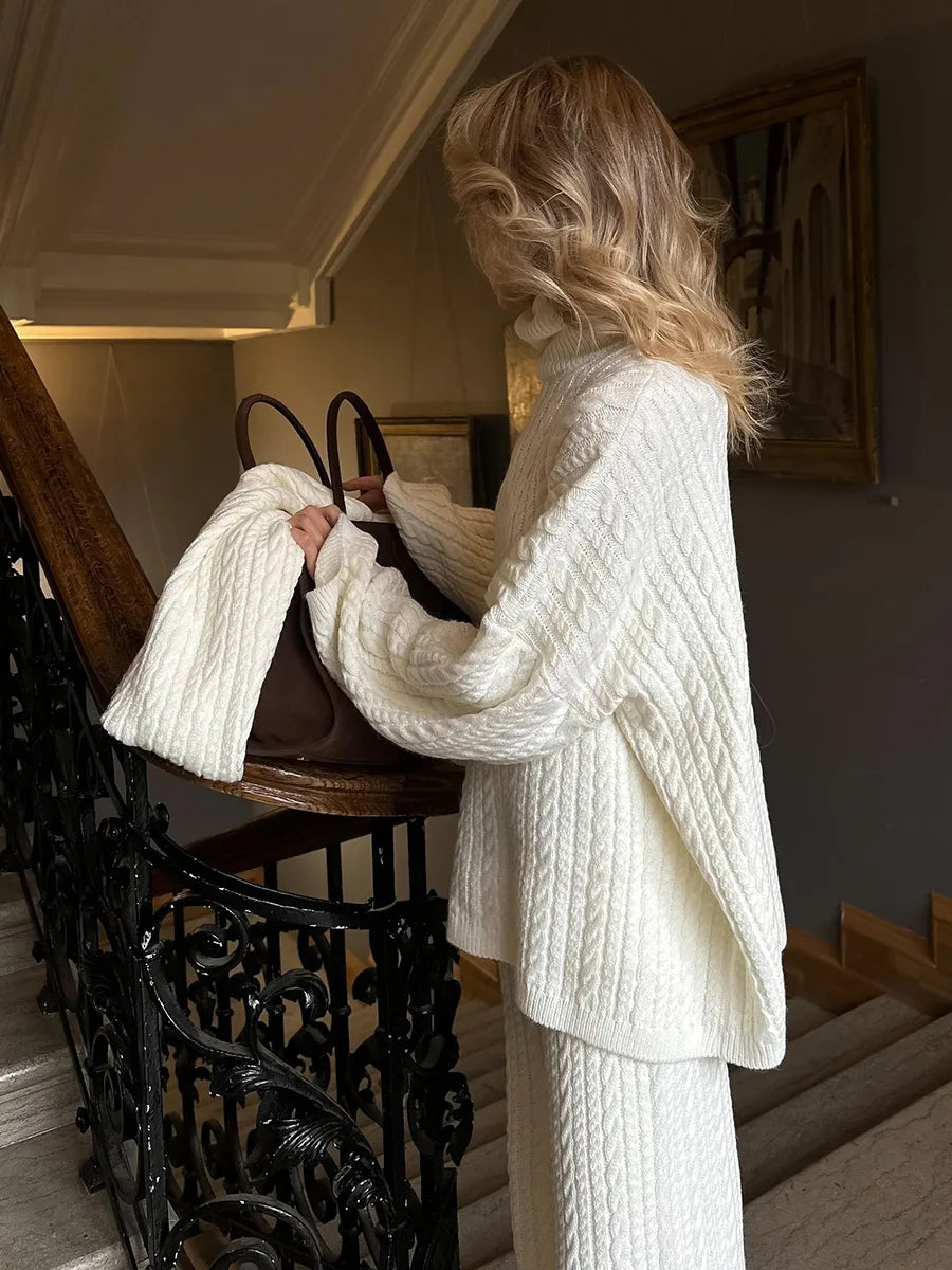 Bornladies Herbst Winter Mode frauen Neue Zopfmuster Pullover Breite Bein Hosen Set Weiche Wolle Mischung Lose Fit High Neck Pullover