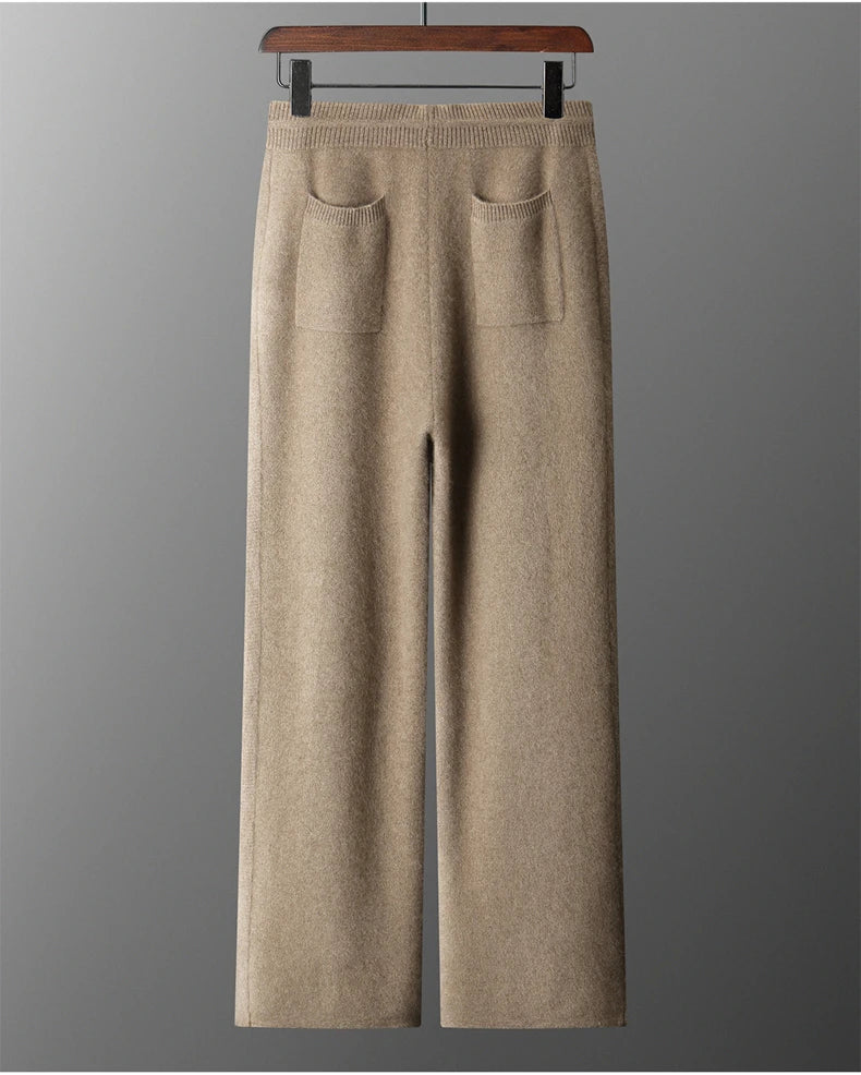 4PINK Thickened 100% Pure Cashmere Pants Men High Waist Knitted Wide Leg Pants Solid Color Lace Up Straight Pants Elastic Waist.
