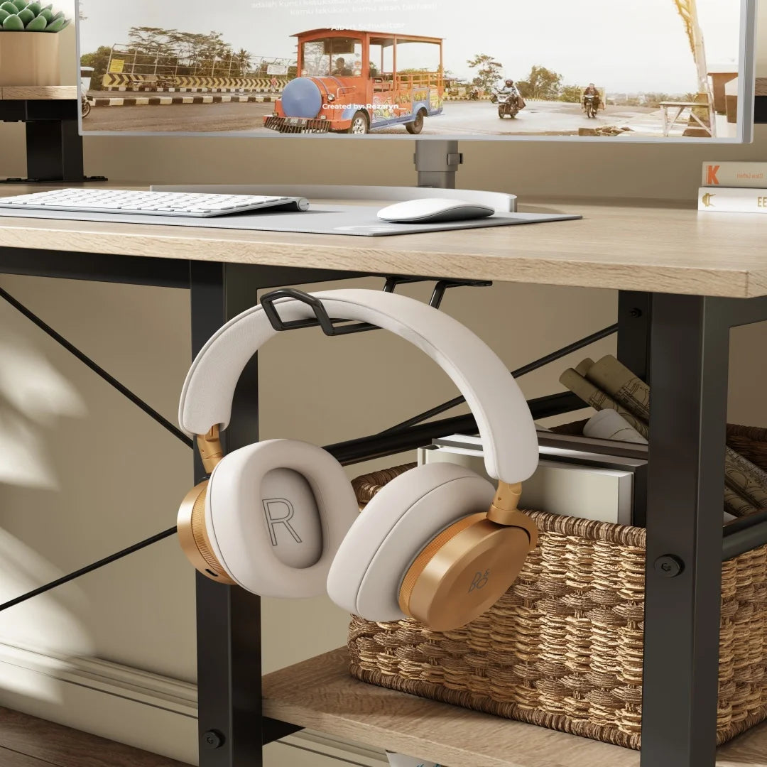 Eckschreibtisch mit Doppelablage L-förmig Computer Tisch mit Regal und Haken höhenverstellbar 140cm