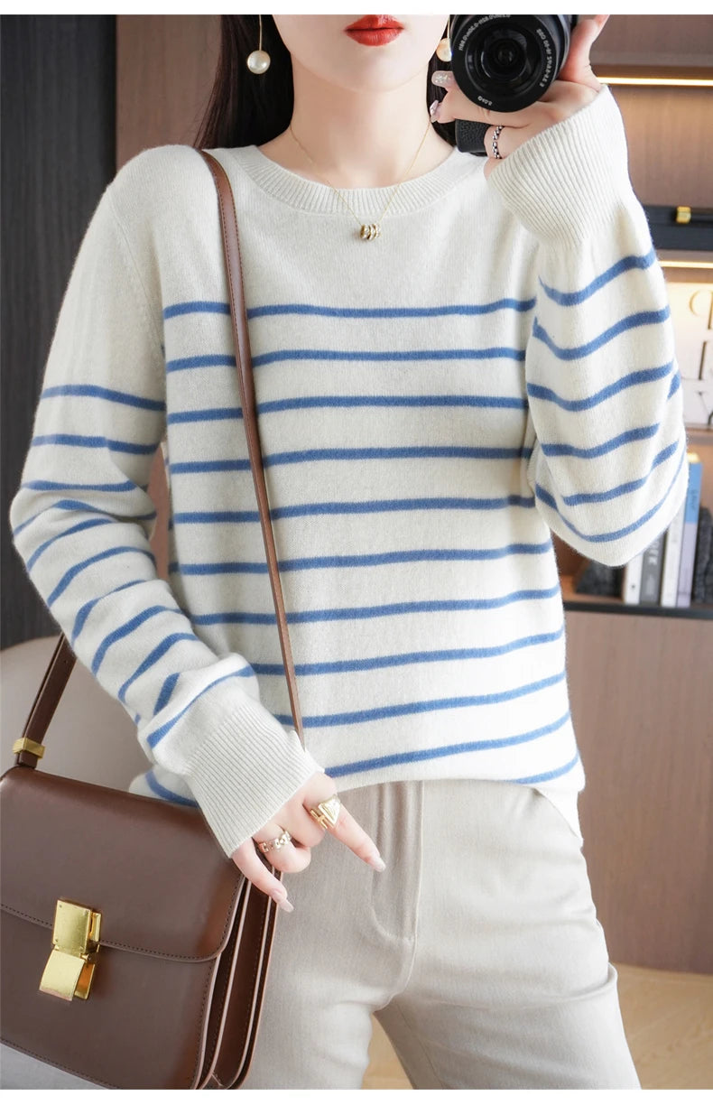 Herbst Winter neue Frauen O-Ausschnitt Farbe Streifen Pullover Wolle Mischung Mode weichen warmen Pullover Kaschmir lose lässig Strick Base Top
