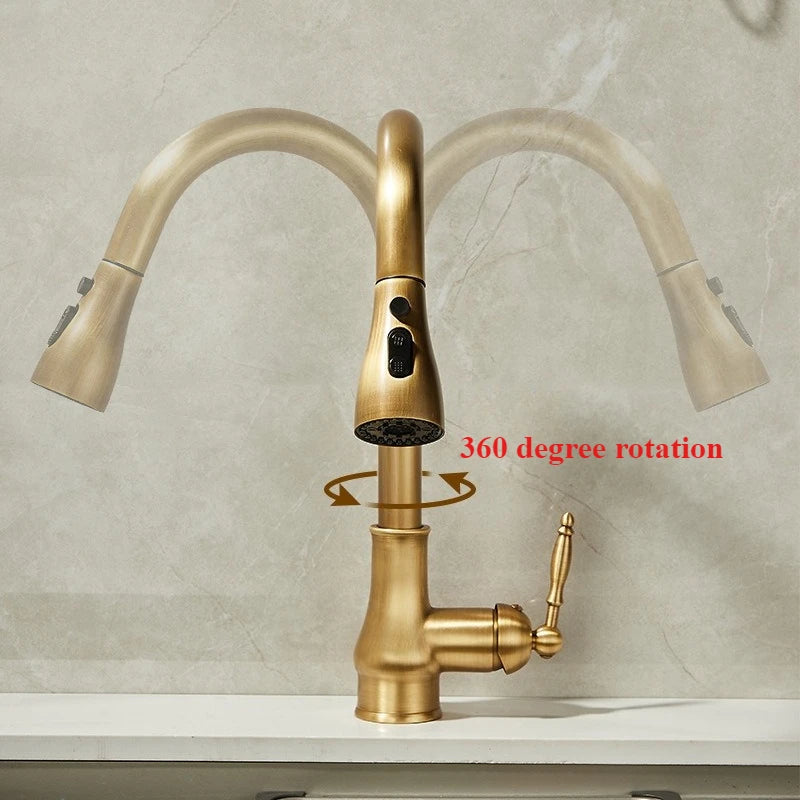 Antique Brass Kitchen Faucet Pull Out Spout Kitchen Faucets Black Single Hole Swivel Hot Cold Water Kitchen Mixers Taps