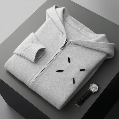 Men's 100% Cashmere Sweater Zipper Hooded Cardigan Warm Air Layer Thickened Jacket Jacquard Casual Knitted Wool Sweater
