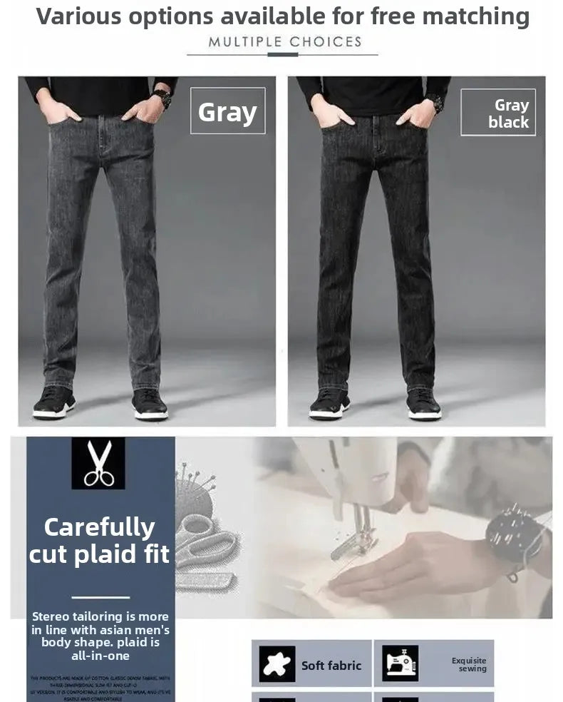 Loose Casual Jeans for Men Mid-aged Thick Winter Long Pants Business Style Straight Leg Spring Autumn Korean Version.