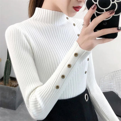 2023 frauen Herbst Gestrickte Dünne Pullover Solide Strickte Weibliche Baumwolle Weiche Elastische Farbe Pullover Taste Volle Hülse Rollkragen