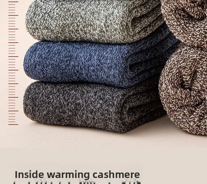 5 pairs of men's mid-calf thick winter fleece-lined thermal terry socks, blended cashmere solid color towel socks.