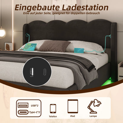 Gepolstertes Doppelbettrahmenpaneel, flache Nudelrahmenhalterung aus Wellpappe, mit LED-Licht, USB+C-Schnittstellenaufladung, 160 cm × 200 cm