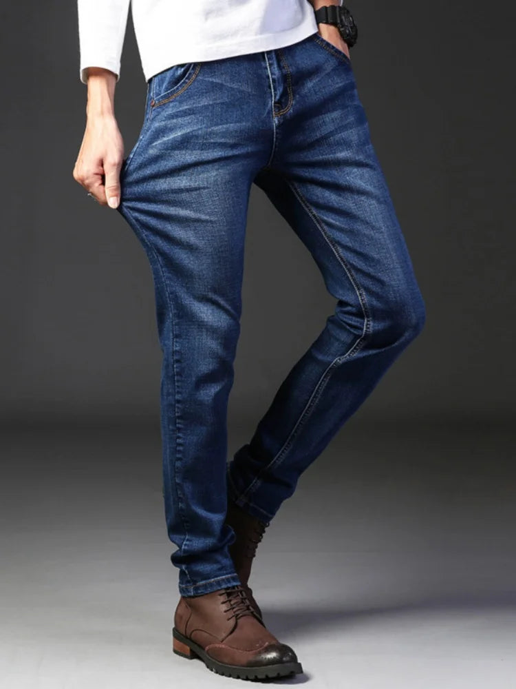 New Men Light Luxury Stretch Slim Fit Pants Comfortable Soft Business Fashion Straight Casual Denim Trousers Male Brand Clothing.