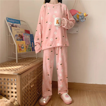 Winter-Damen-Pyjama-Homewear-Anzug, neues warmes Set aus Korallen-Fleece für Herbst und Winter, bequemer warmer Pyjama-Homewear-Anzug