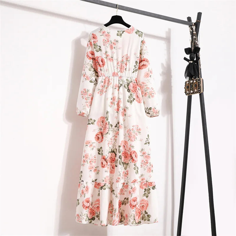 Women Floral Printed Maxi Dresses Spring Summer Casual O Neck Full Sleeve High Waist A Line Boho Beach Party Long Dress Vestidos