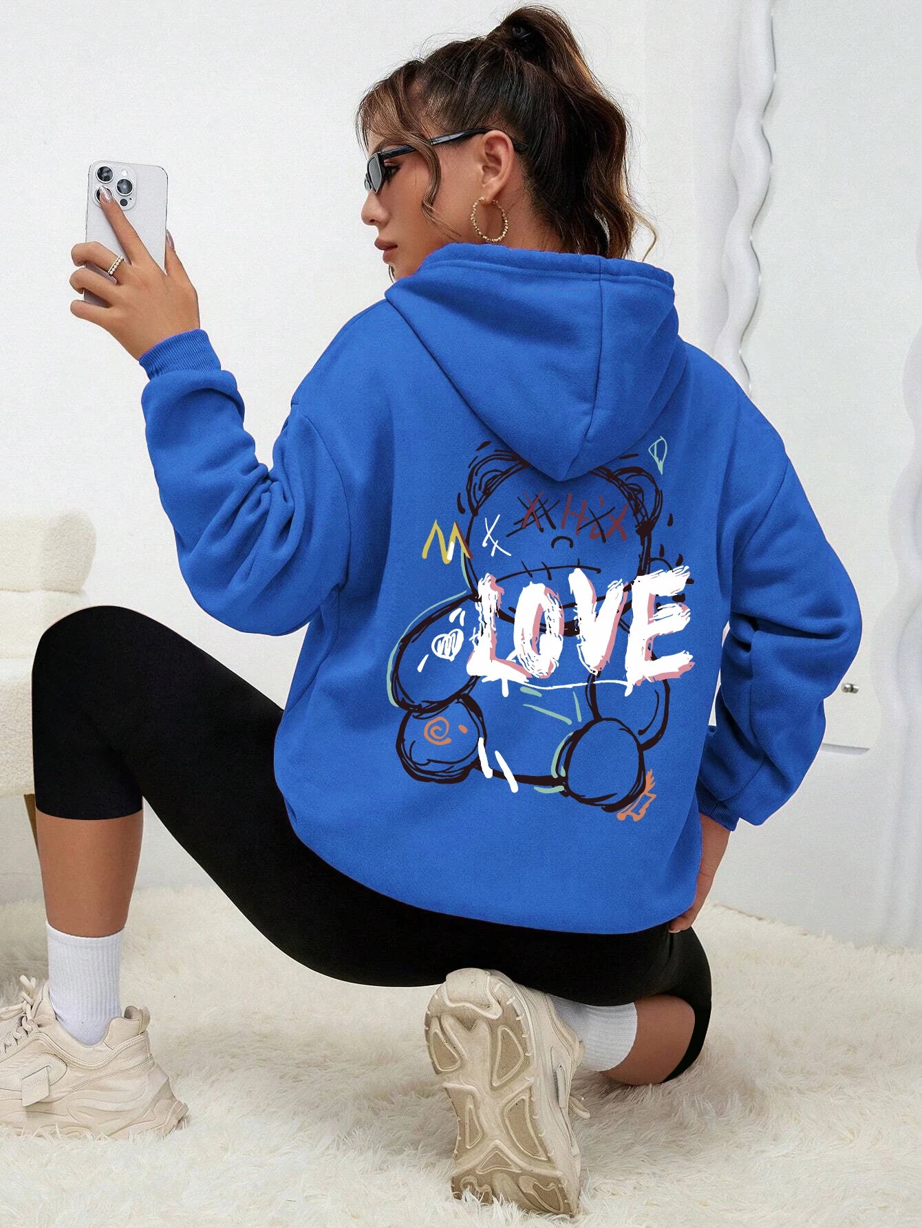 Graffiti Linie Bär Einfache Druck Weibliche Hoody Harajuku S-Xxl Sweatshirt Mode Lässig Straße Mit Kapuze Herbst Warme Streetwear Frauen.