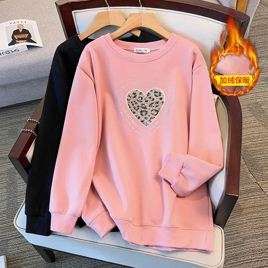 175 kg Übergröße Damen Büste 170 Frühling Winter Lose Rundhals Langarm Bedrucktes Sweatshirt Schwarz Rosa 5XL 6XL 7XL 8XL 9XL
