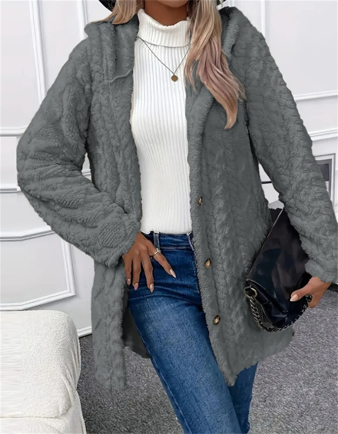 Women Cardigan Hoodie Jacket Autumn Winter Argyle Textured Pattern Hooded Irregular Hem Buttons Fleece Oversized Outerwear Coat