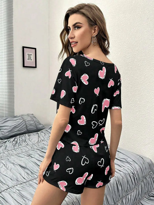 Damen New Style Pyjamas Kurzarm Top Herz Muster Shorts lässig elegante zweiteilige Home Wear