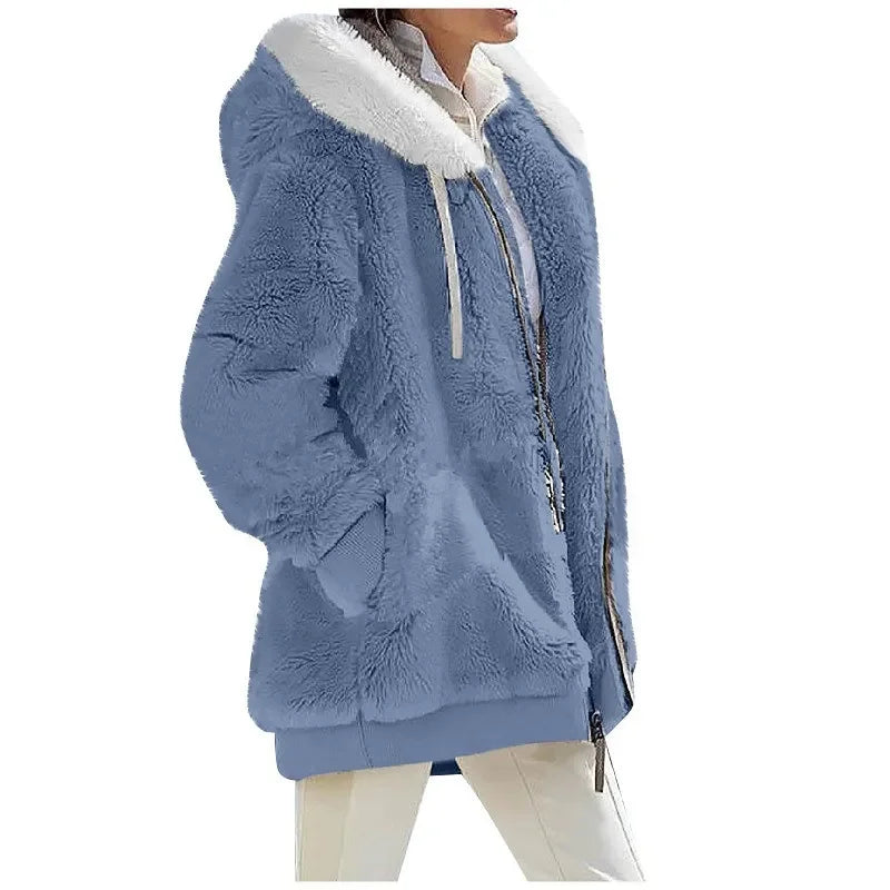 Herbst Winter Mode Damen mantel neue lässige Kapuze Reiß verschluss Dame Kleidung Kaschmir weibliche Fleece jacke einfarbige Damen mäntel