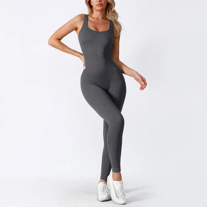 Women's jumpsuit yoga ribbed bodysuit seamless square neck leggings for sports and fitness.