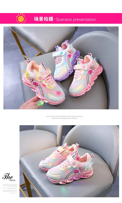 Disney Casual Sneakers LED Lighted For Spring Girls Frozen Elsa Princess Rainbow Outdoor Children Non-slip Pink Purple Shoes.