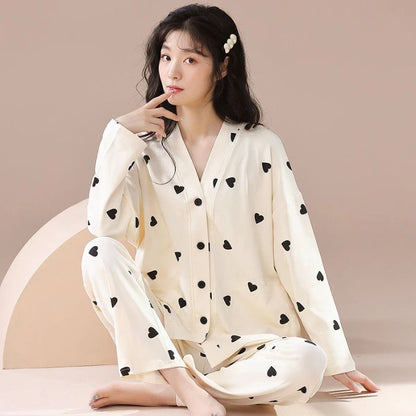 Herbst Winter Pyjamas Set für Frauen Kawaii Druck Nachtwäsche Anzug für Mädchen Mode Restlong Ärmel V-Ausschnitt Frau Pyjamas Set.