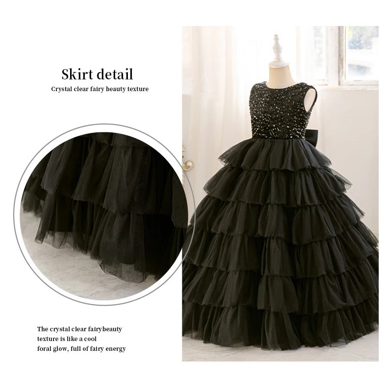 Mode Pailletten Mädchen Prinzessin Kleid Geburtstag Party Mädchen Layered Schwarz Hochzeit Kleid Für Kinder Elegante Klavier Leistung Kleid.