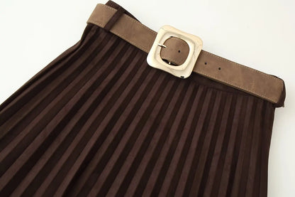European and American style autumn new fashion trend casual simple women's matching belt suede effect pleated midi skirt.