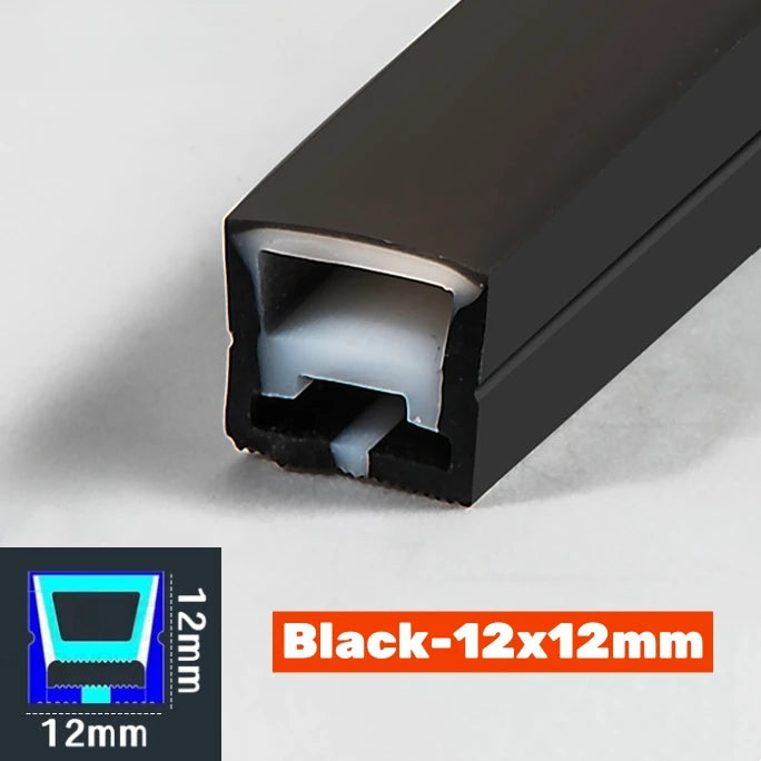 1-5m Black Silicone Tube LED Neon Light DC12V Flexible Recessed Diffuser Channel Waterproof Wall Ceiling Ribbon Rope Strip Light