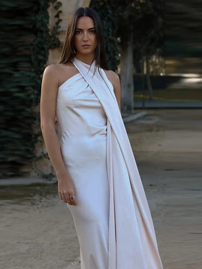 Band hängenden Hals lange Kleider schräg Schulter schnüren rücken frei seidig Satin Temperament Slim Fit Neck holder Frau Fischschwanz Kleid