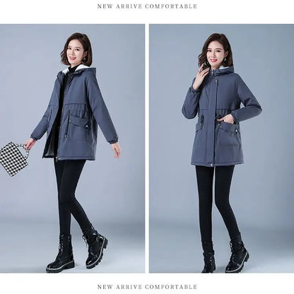 Fleece-gefütterte Kapuze, Daunenjacke, Wintermantel für Damen, warme, mit Kordelzug gepolsterte Parkas, mittellanger Mantel, Streetwear, gepolsterte Kleidung.