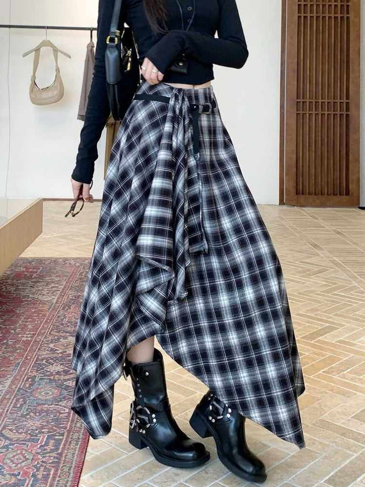 Qiukichonson Long Skirts Women Woolen Skirt 2025 Goth Autumn Winter High Waist Ruffles Asymmetrical Plaid Skirt Maxi With Belt.