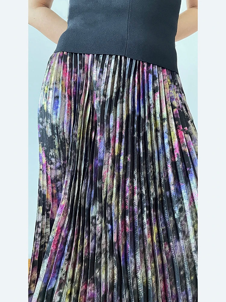 Polished Luster Lurex Midi Skirt Women's Shiny Metallic Luxury Pleated Skirt 2025 New In Boutique Clothing.