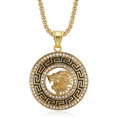 Hip Hop Lion Stainless Steel Gold Plated Zircon Lion Pendant Necklace Men's Pendant Gift Jewelry Stylish Round Accessories.