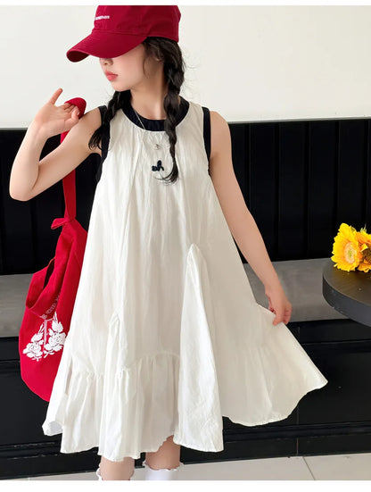 Neues Sommer-Mädchen-Prinzessinnenkleid für Kinder, ärmelloses Kleid mit Rüschen, Design-Kleider für Teenager, Kinder, lässiges Urlaubs-Strandkleid