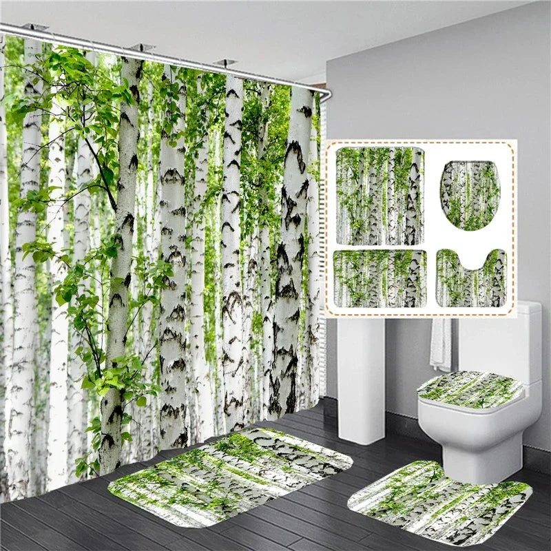 Wasserdichtes Duschvorhang-Set mit sonniger Waldlandschaft, wasserdichter Badezimmer-Toilettensitzbezug, Badewanne, rutschfeste Matte, Teppich, Baddekoration