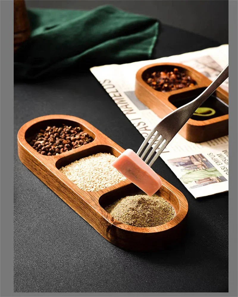 Solid Wood Rectangle Tray 2/3 Grid Condiment Plate Breakfast Sushi Bread Dessert Sauce Plate Kitchen Dinner Seasoning Dish.
