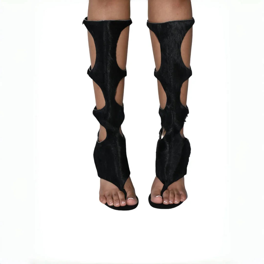 2025 New Luxury Women's Knee-High Boots | Real Horsehair Cut-Out Stiletto Heel & Rear Zipper | Evening Party Club Dress Shoes.