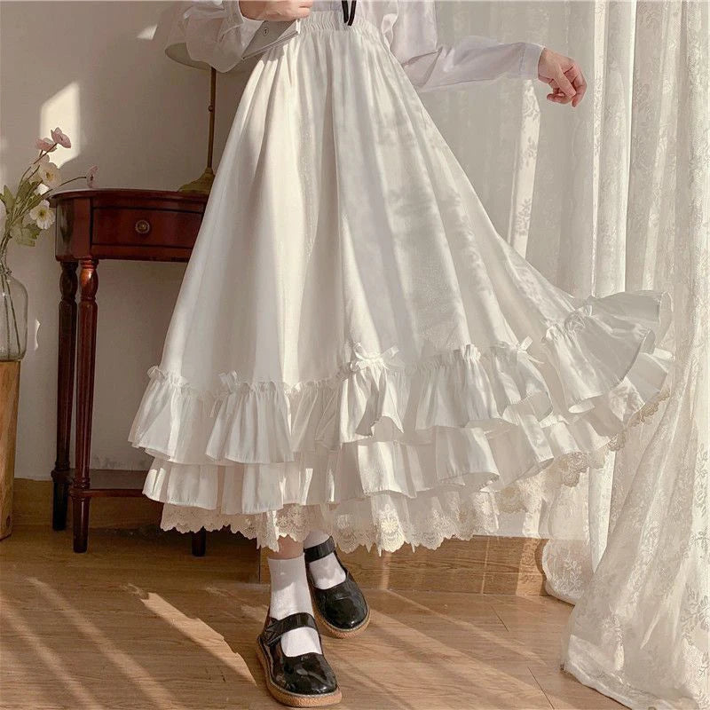 Fashion Sweet Midi Skirt Women Lace Patchwork Bow Preppy Fall Loose Casual Skirts Japanses Ruffle High Waist Solid Chic Skirt.