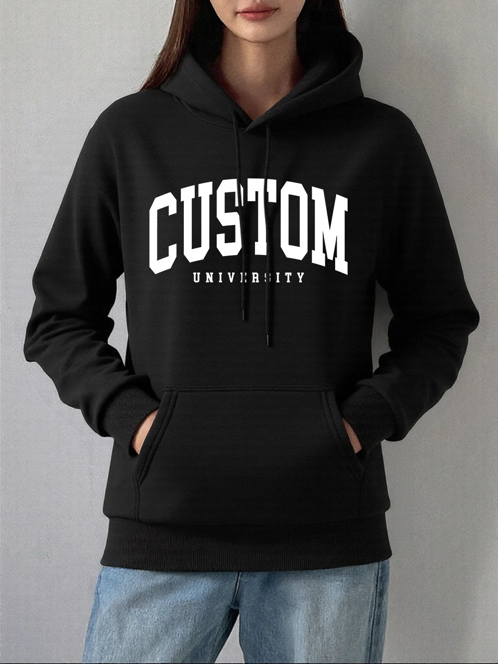 Custom University Printed Hoodies Women Basics Pocket Sweatshirts Autumn Fleece Warm Pullovers Comfortable Casual Womans Clothes