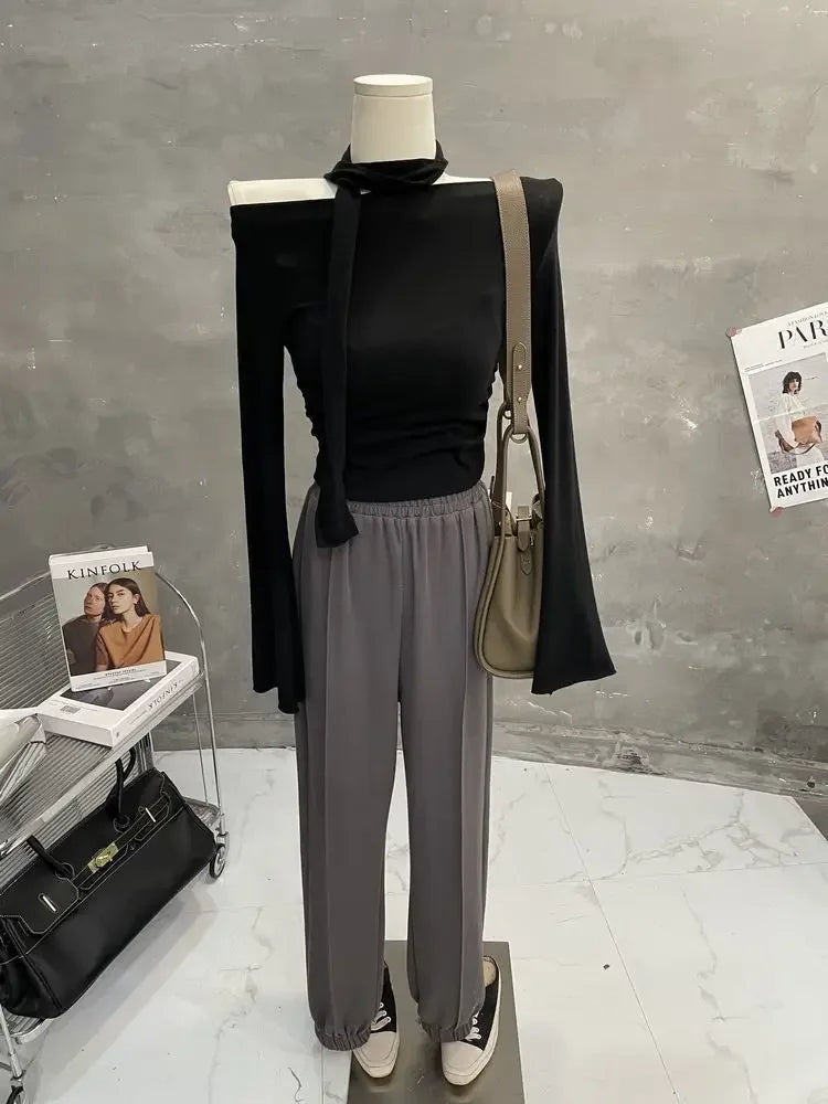 Sexy One-Shoulder Long Sleeve T-Shirt with Scarf Short Flared Sleeve Blindfolded Entry Base Shirt Tight Short Crop Top.