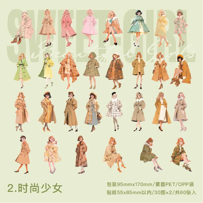 60 pcs Hand malerei Mode süße Mädchen Menschen Aufkleber Vintage Cartoon Mode Mädchen Sammelalbum Ölgemälde Illustration Aufkleber.