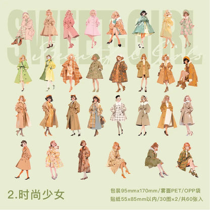 60 pcs Hand malerei Mode süße Mädchen Menschen Aufkleber Vintage Cartoon Mode Mädchen Sammelalbum Ölgemälde Illustration Aufkleber.