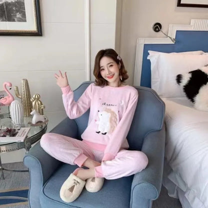Herbst Winter neue Flanell weiche warme Frauen Pyjamas Rundhals ausschnitt Langarm Frauen zweiteilig Set niedlichen Druck Pyjama Anzug Frauen