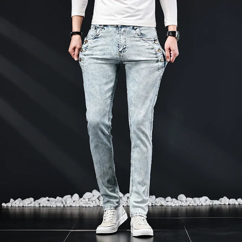 Slim Skinny Jeans Men New Elastic Korean Design Fashion Multi-Button Blue White Vintage Wash Cotton Stretch Denim Pants Trousers.