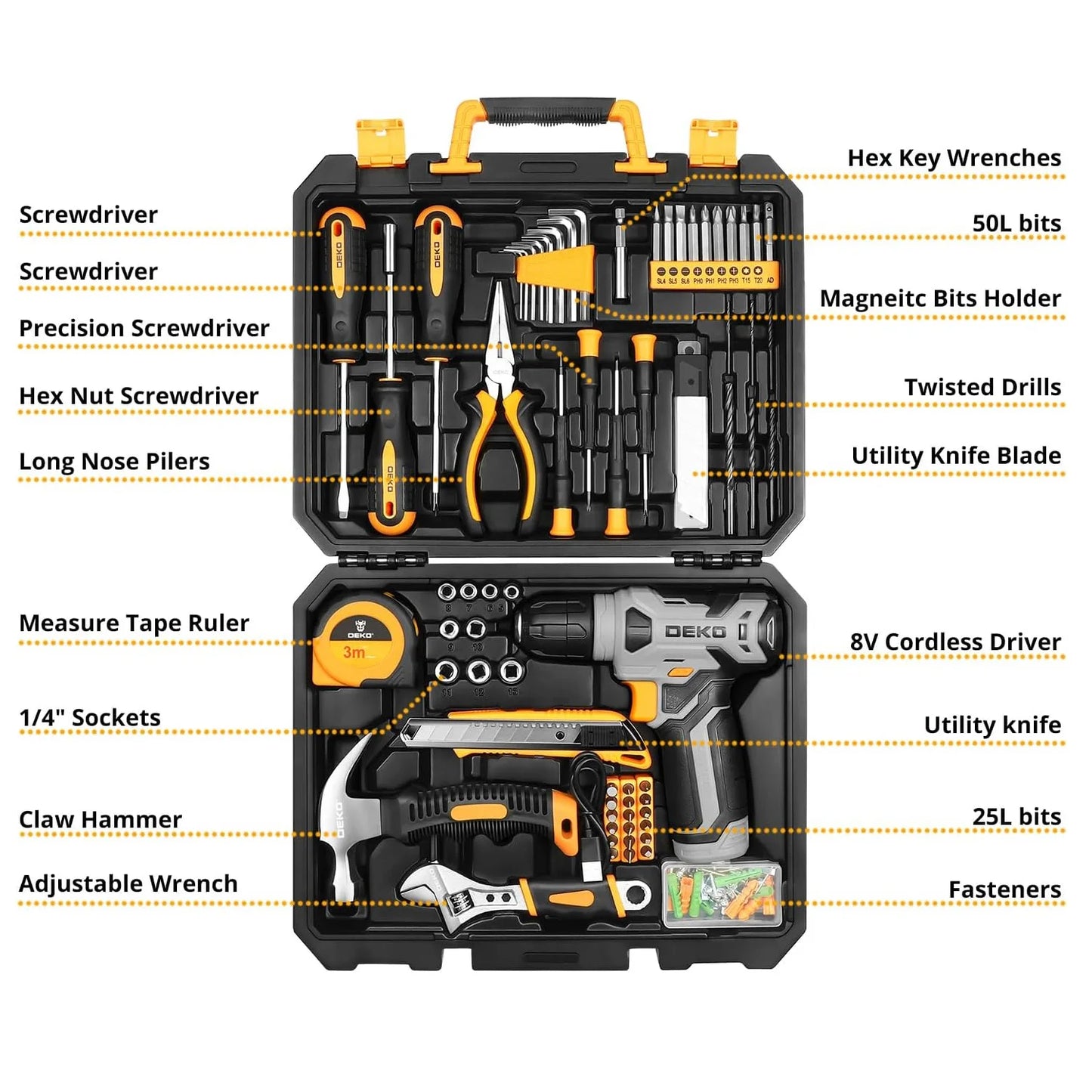 DEKO 126 Stück Elektrowerkzeug-Kombi-Sets mit 8 V Akku-Bohrschrauber, 10 mm 3/8 Zoll Schnellspannbohrfutter, professionelle Heim- und Haushalts-DIY-Handwerkzeug-Sets