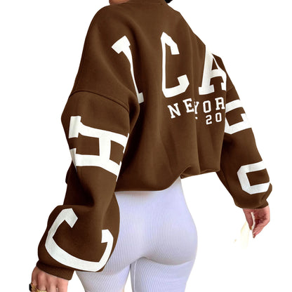 Combhasaki Damen Y2K Grunge Lose Pullover Sweatshirts Brief Drucken Lässige Verdickte Langarm Tops Herbst Hoodie Streetwear