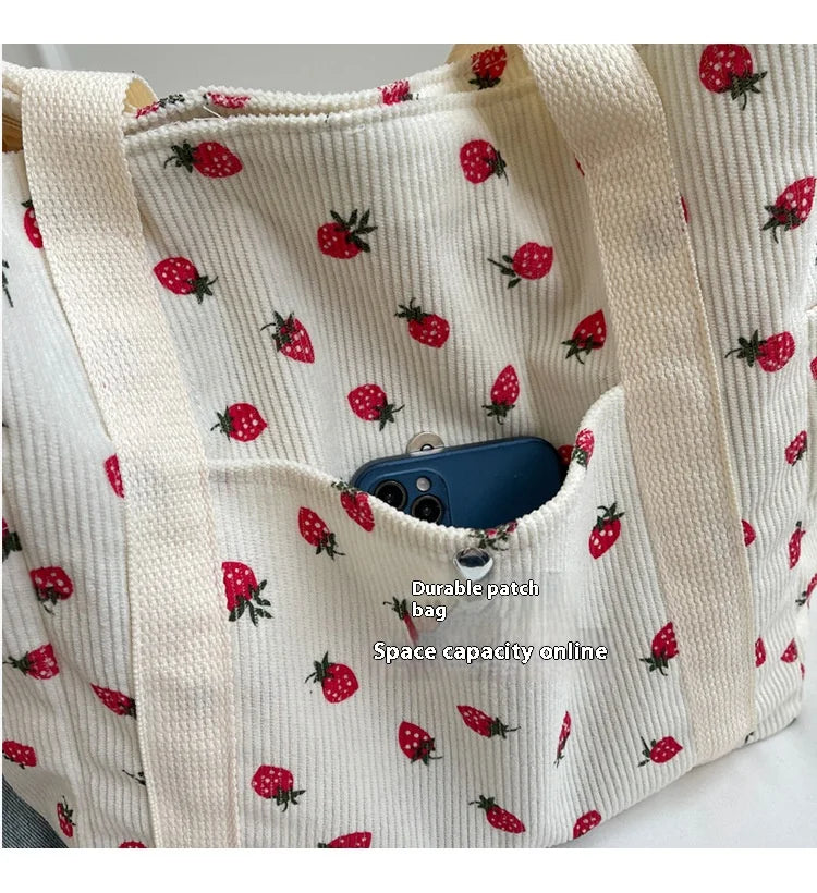 Strawberries Corduroy Handbag Sweet Women's Bag Fashionable Versatile Shoulder Bag Beautiful Simple Commuter Women's Tote Bags.