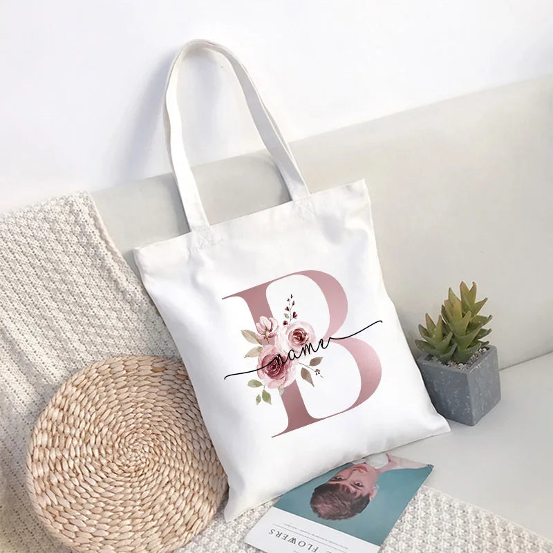 Custom Name White Canvas Tote Bag Large Capacity Foldable Supermarket Shopping Bag for Women Shopper Personalized Handbags