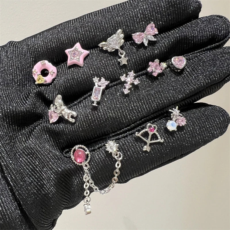 1PCS Cute Pink Zircon 316L Stainless Steel Ear Bone Nail New Fashion Y2K Punk Small Earring for Women Cochlea Jewelry Party Gift.