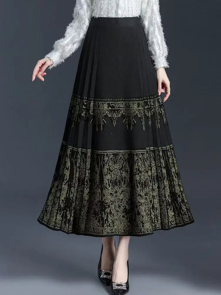 FairyShely Pleated Knitted Skirt For Women 2025 Autumn Winter Warm High Waist Long Skirts Ladies Plus Size Black A-line Skirt.