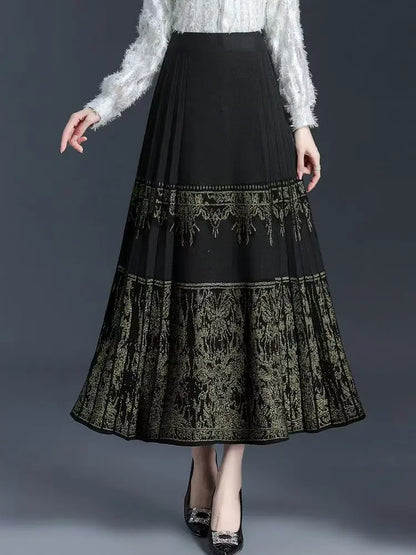 FairyShely Pleated Knitted Skirt For Women 2025 Autumn Winter Warm High Waist Long Skirts Ladies Plus Size Black A-line Skirt.