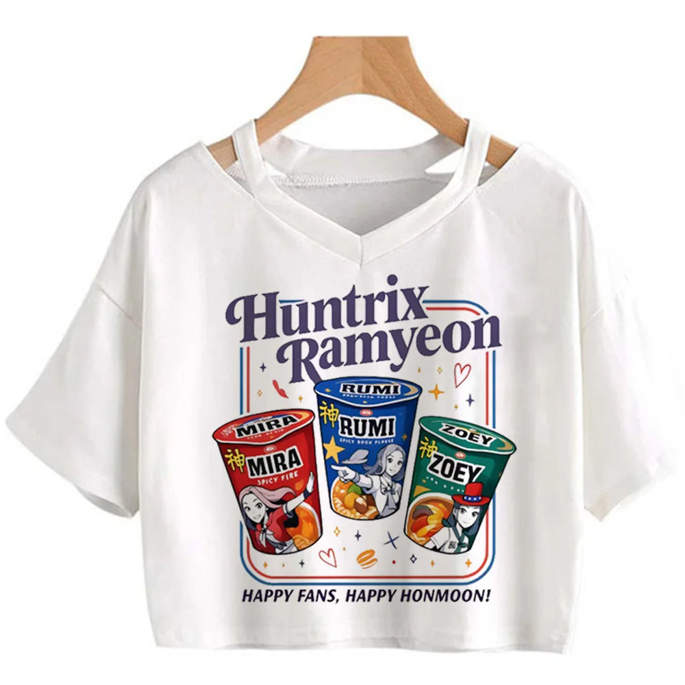 Kpop Demon Hunters Girls O-Neck Casual Women Summer Shirts Crop T-shirt.